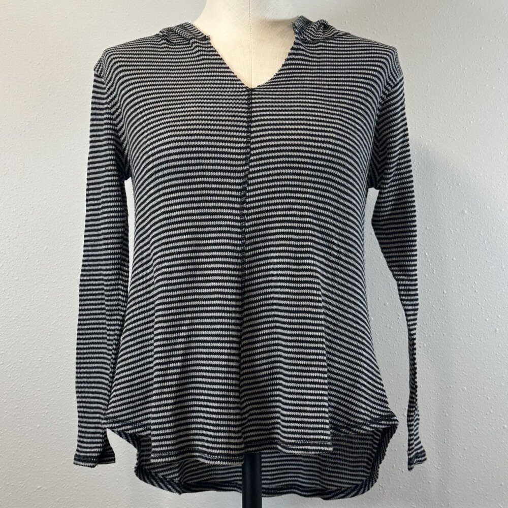 No Comment Womens Sz Small Black Striped Pullover Hoodie V Neck Long Sleeve Lite